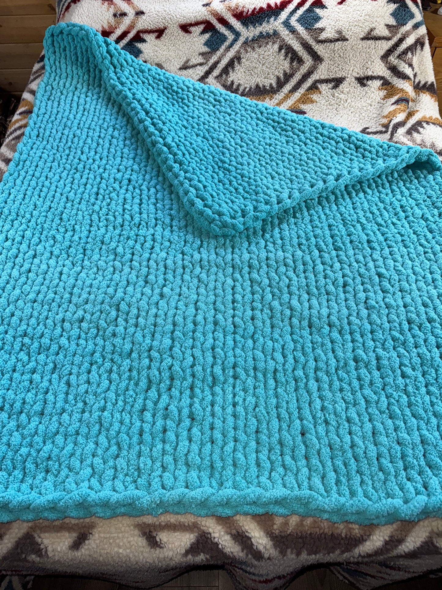 Handmade Aqua 46" x 62" Tight-Knit Chunky Throw Blanket