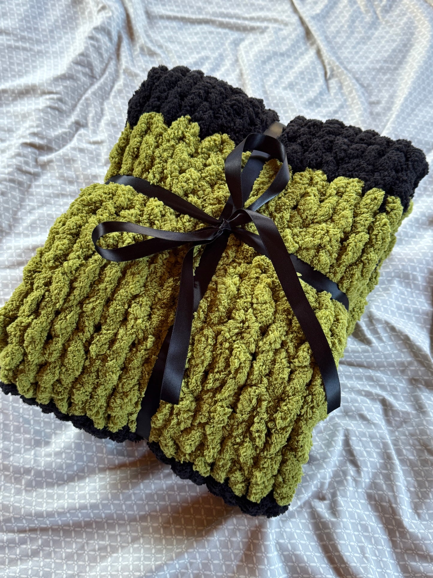 Handmade Black & Olive 33" x 42" Tight-Knit Chunky Baby Blanket