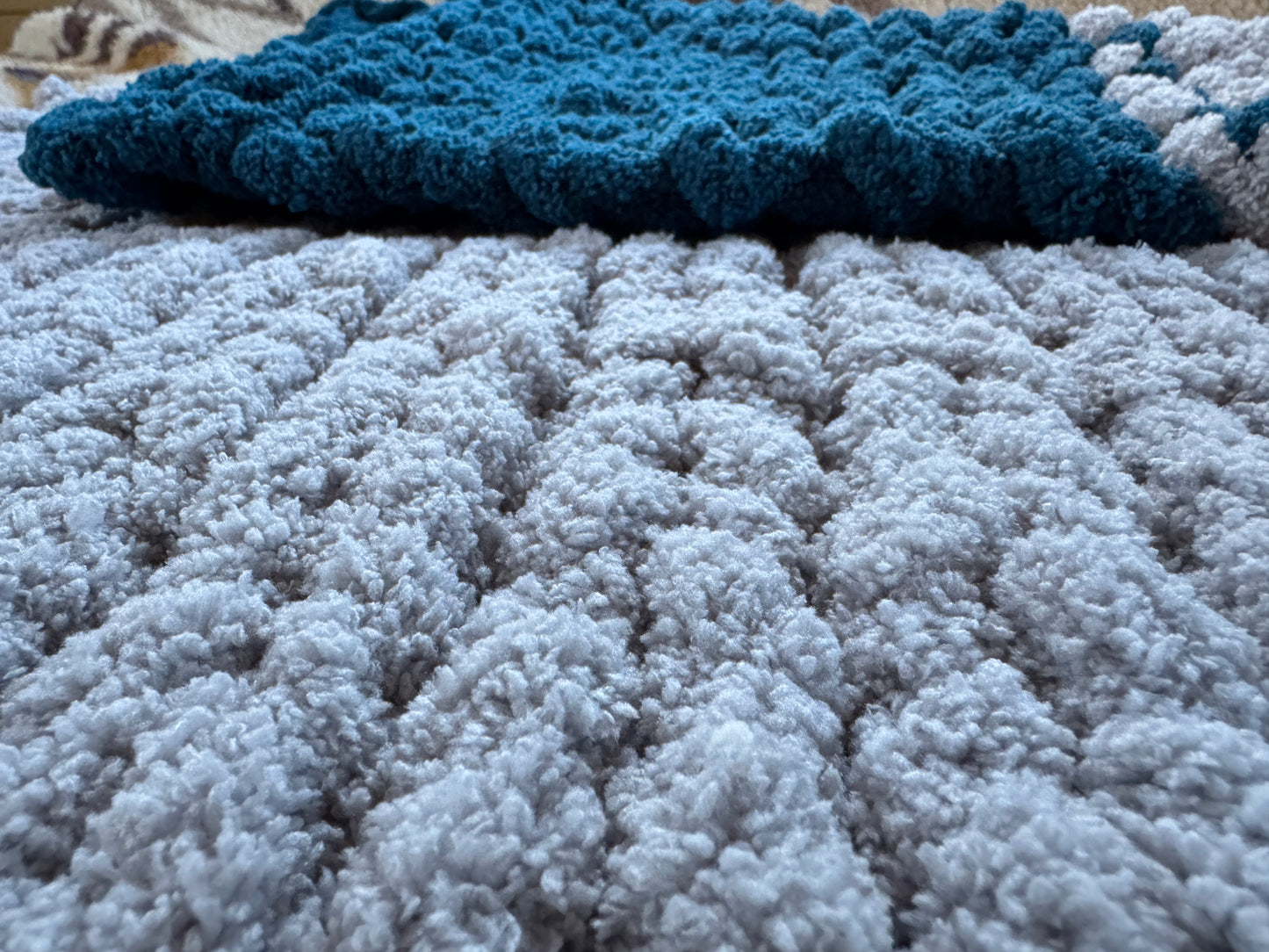 Handmade Grey & Blue 27" x 52" Tight-Knit Chunky Baby Blanket