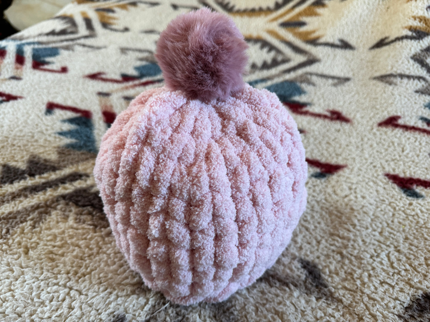 Handmade Pink Tight-Knit Chunky Adult Beanie Hat with Pom Pom