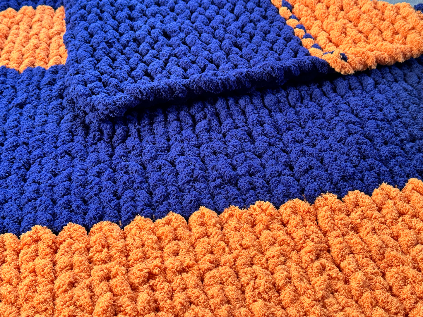 Handmade Blue & Orange 47" x 62" Tight-Knit Chunky Throw Blanket