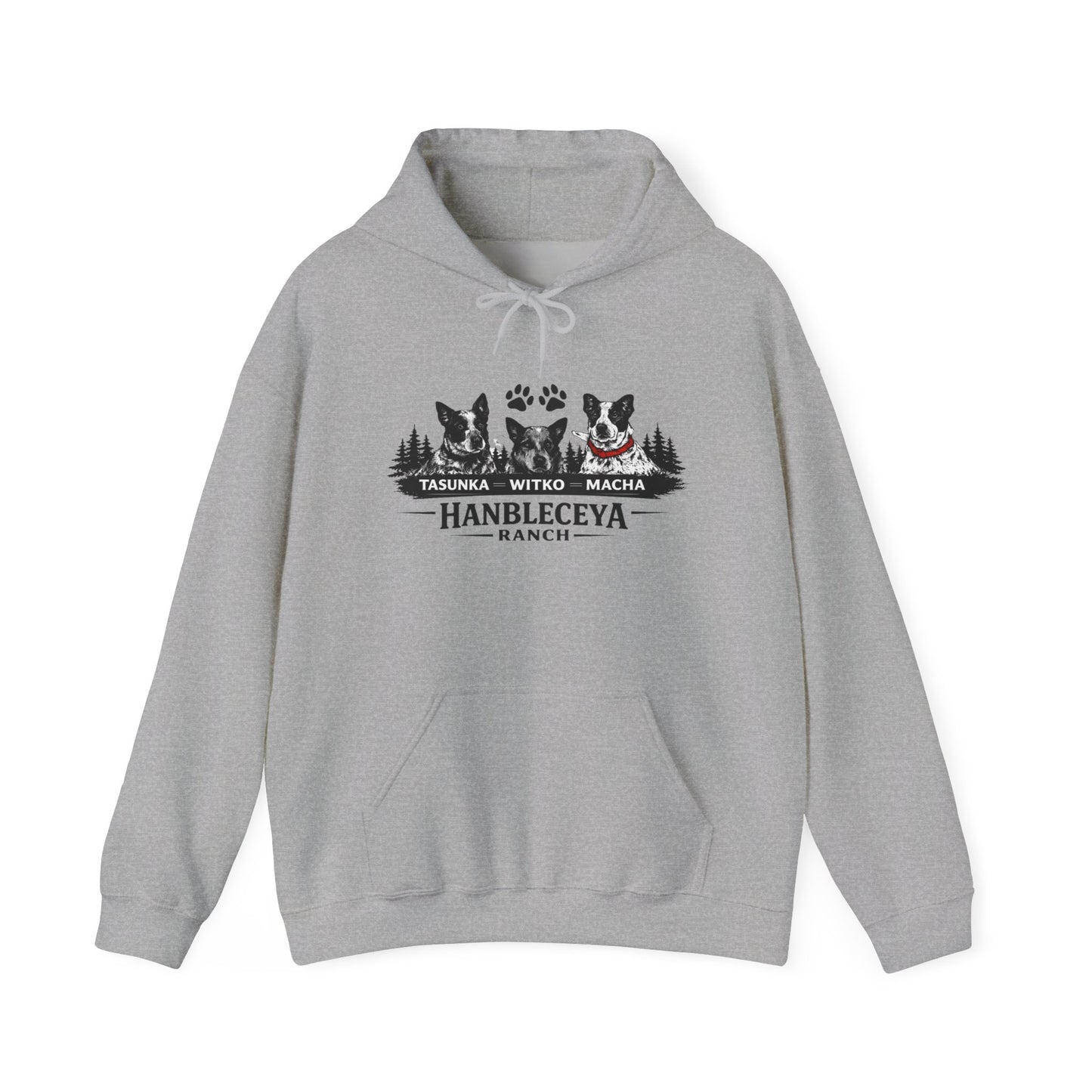 The Ranch Crew Hoodie – Hanbleceya Ranch Design with Paw Prints & Forest Silhouette