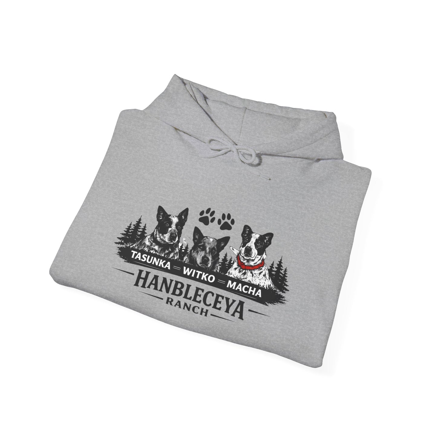 The Ranch Crew Hoodie – Hanbleceya Ranch Design with Paw Prints & Forest Silhouette