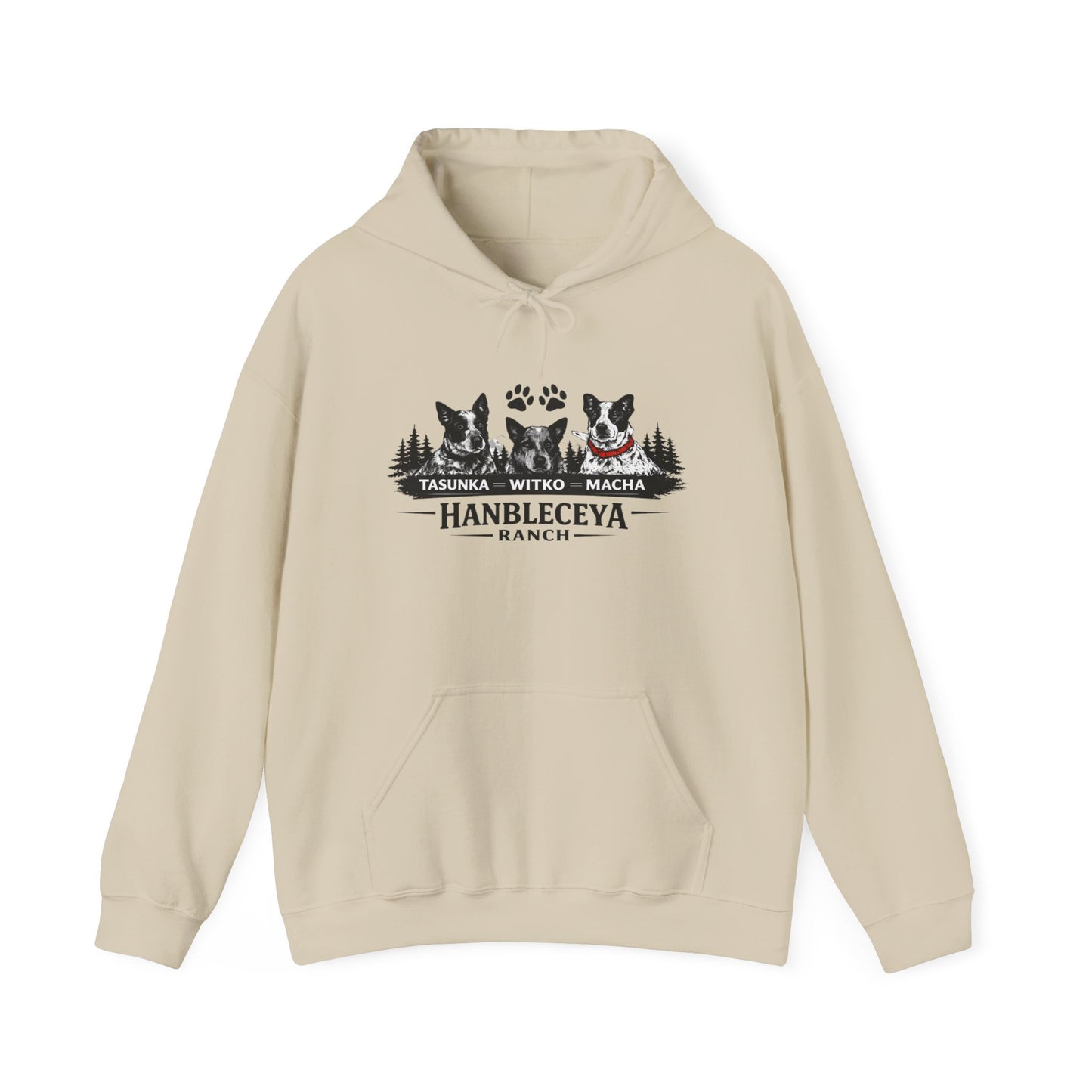 The Ranch Crew Hoodie – Hanbleceya Ranch Design with Paw Prints & Forest Silhouette