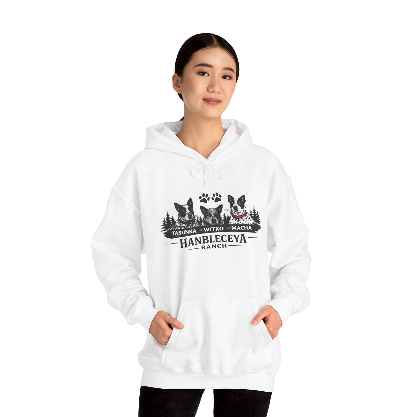 The Ranch Crew Hoodie – Hanbleceya Ranch Design with Paw Prints & Forest Silhouette