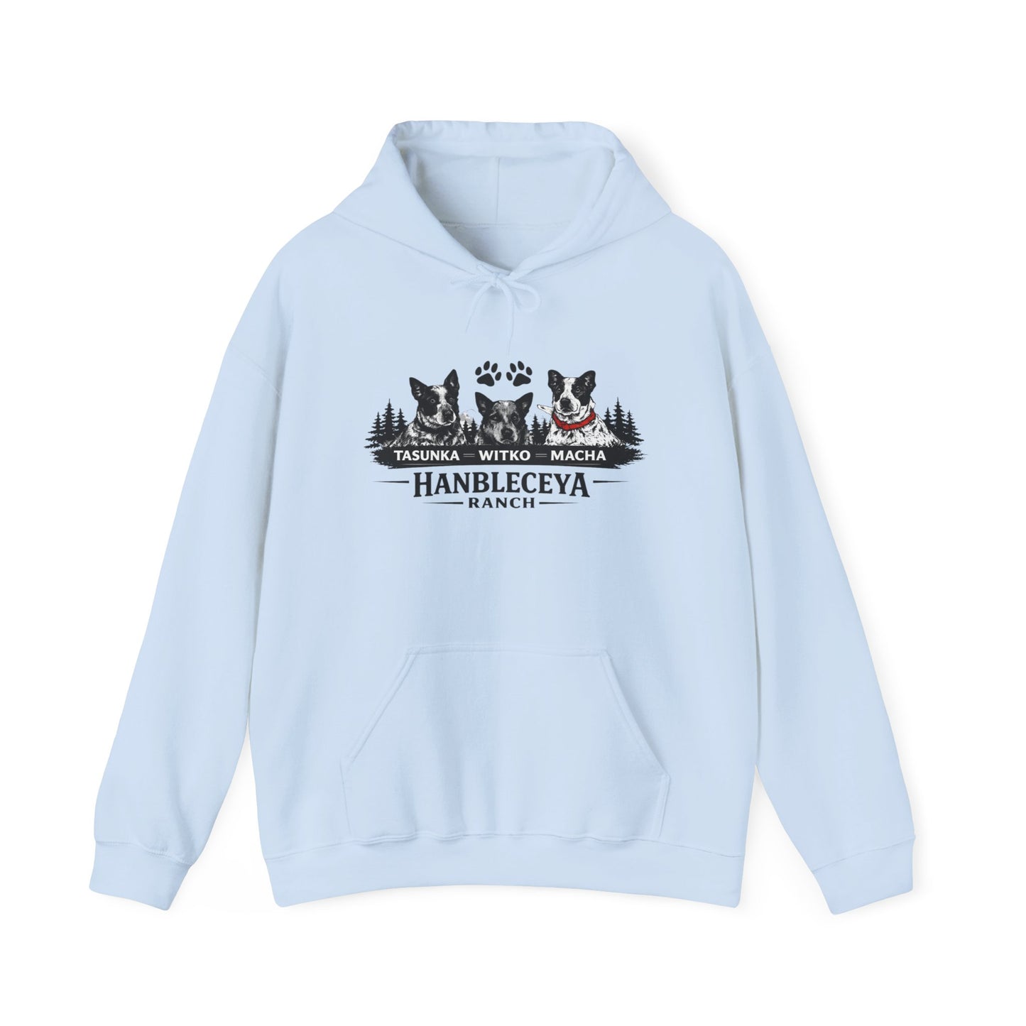 The Ranch Crew Hoodie – Hanbleceya Ranch Design with Paw Prints & Forest Silhouette