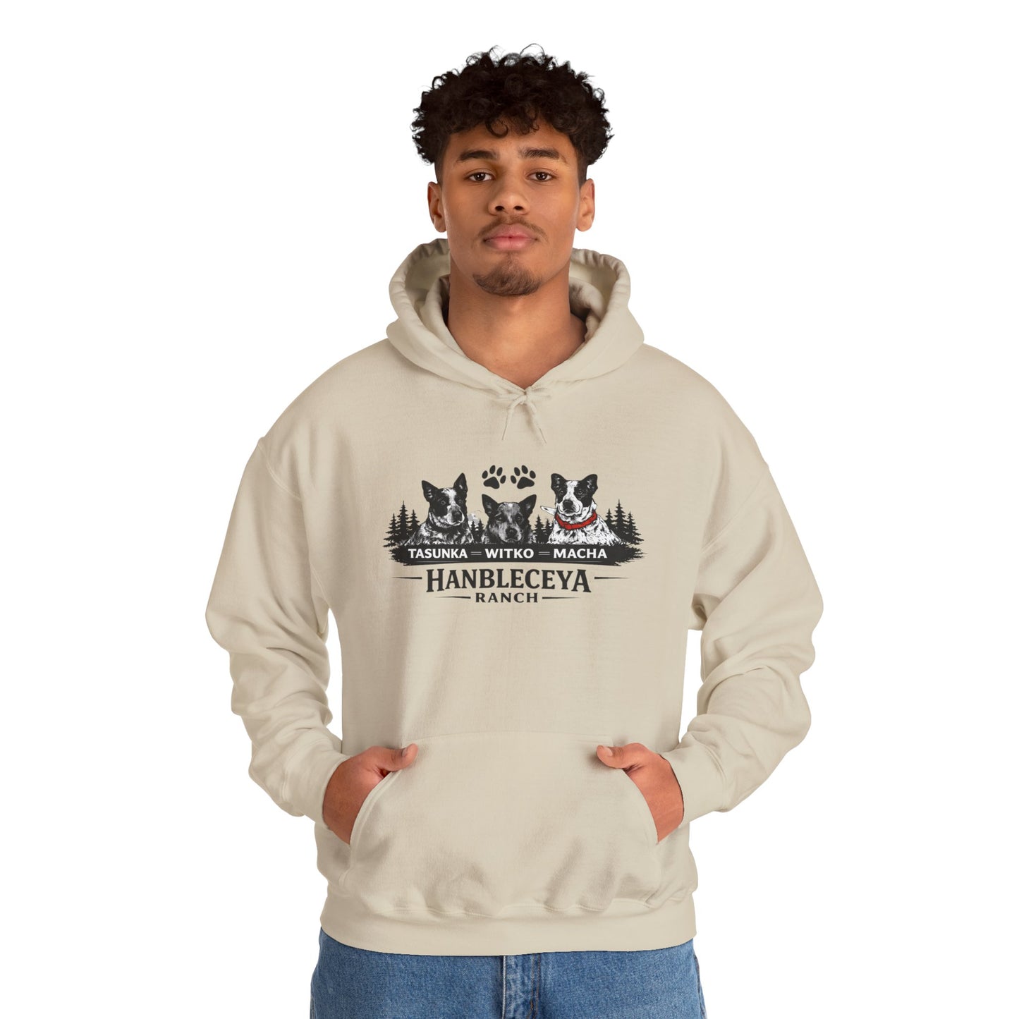 The Ranch Crew Hoodie – Hanbleceya Ranch Design with Paw Prints & Forest Silhouette