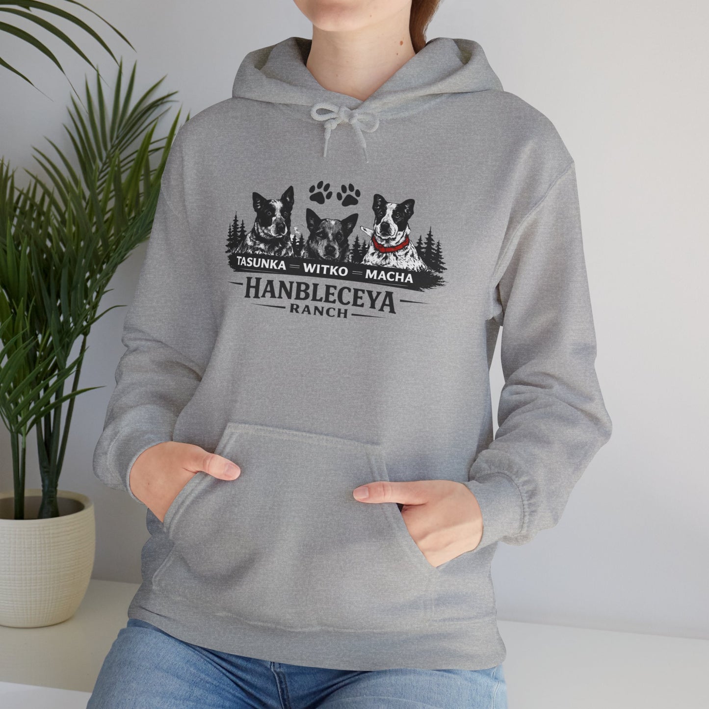 The Ranch Crew Hoodie – Hanbleceya Ranch Design with Paw Prints & Forest Silhouette