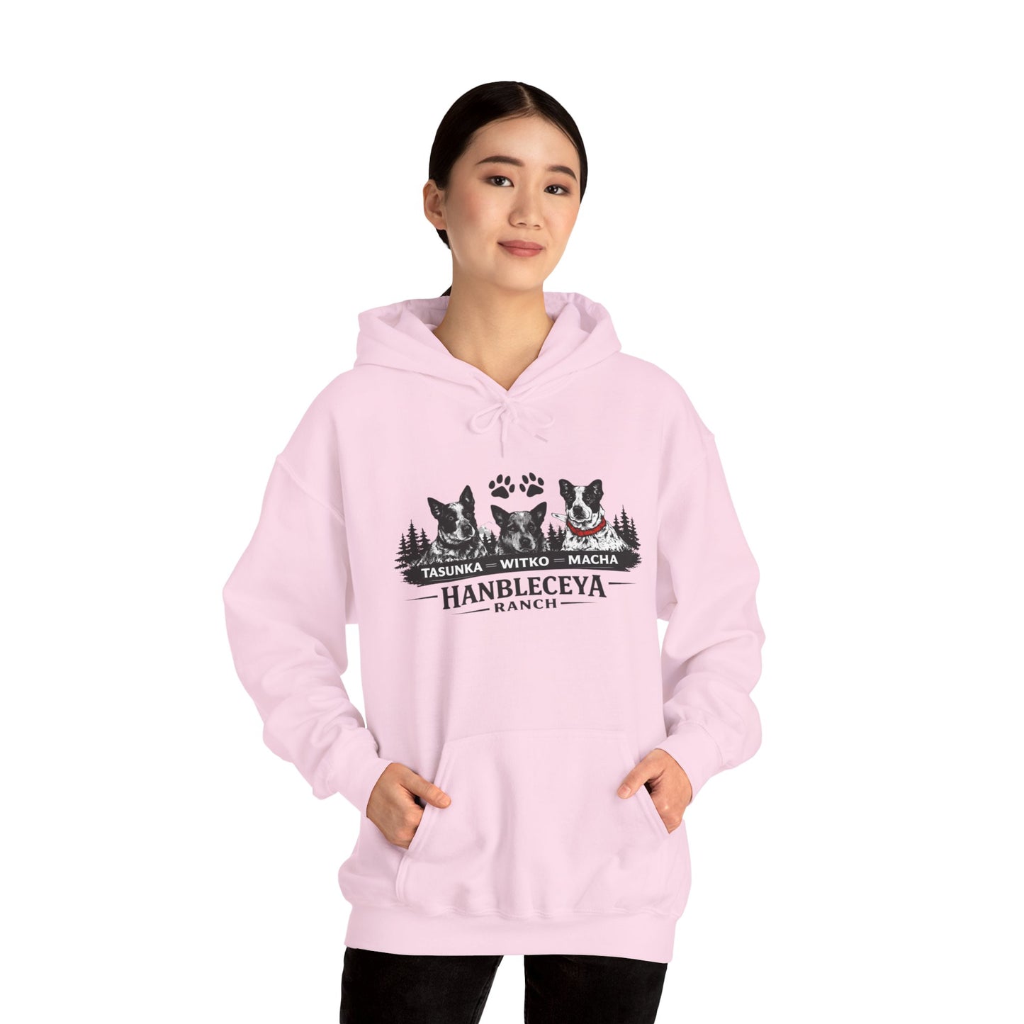The Ranch Crew Hoodie – Hanbleceya Ranch Design with Paw Prints & Forest Silhouette