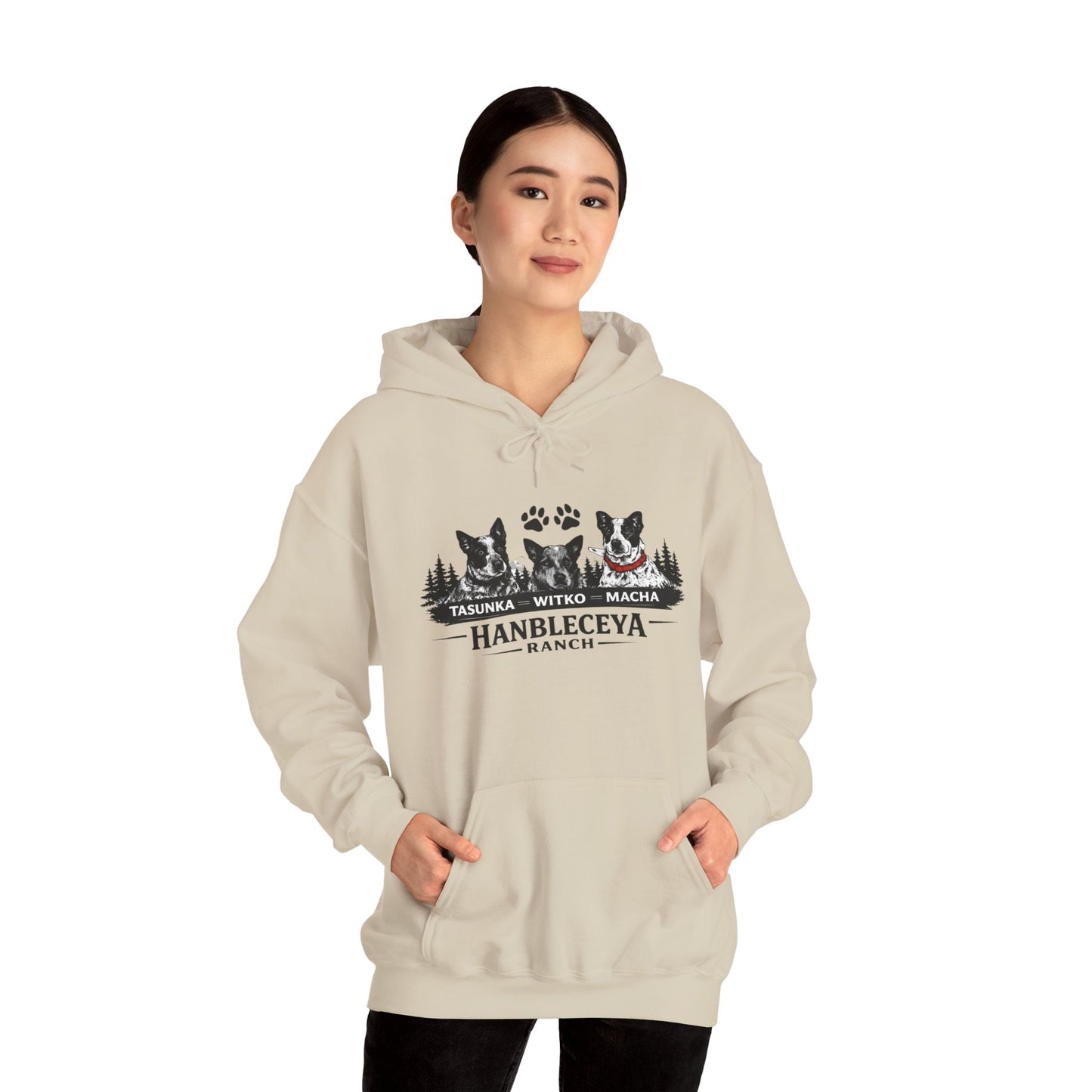 The Ranch Crew Hoodie – Hanbleceya Ranch Design with Paw Prints & Forest Silhouette
