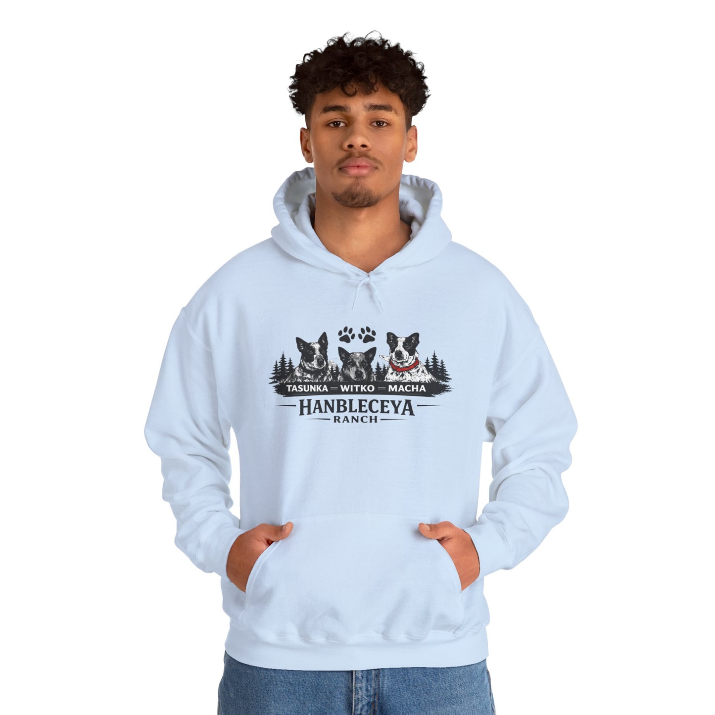 The Ranch Crew Hoodie – Hanbleceya Ranch Design with Paw Prints & Forest Silhouette