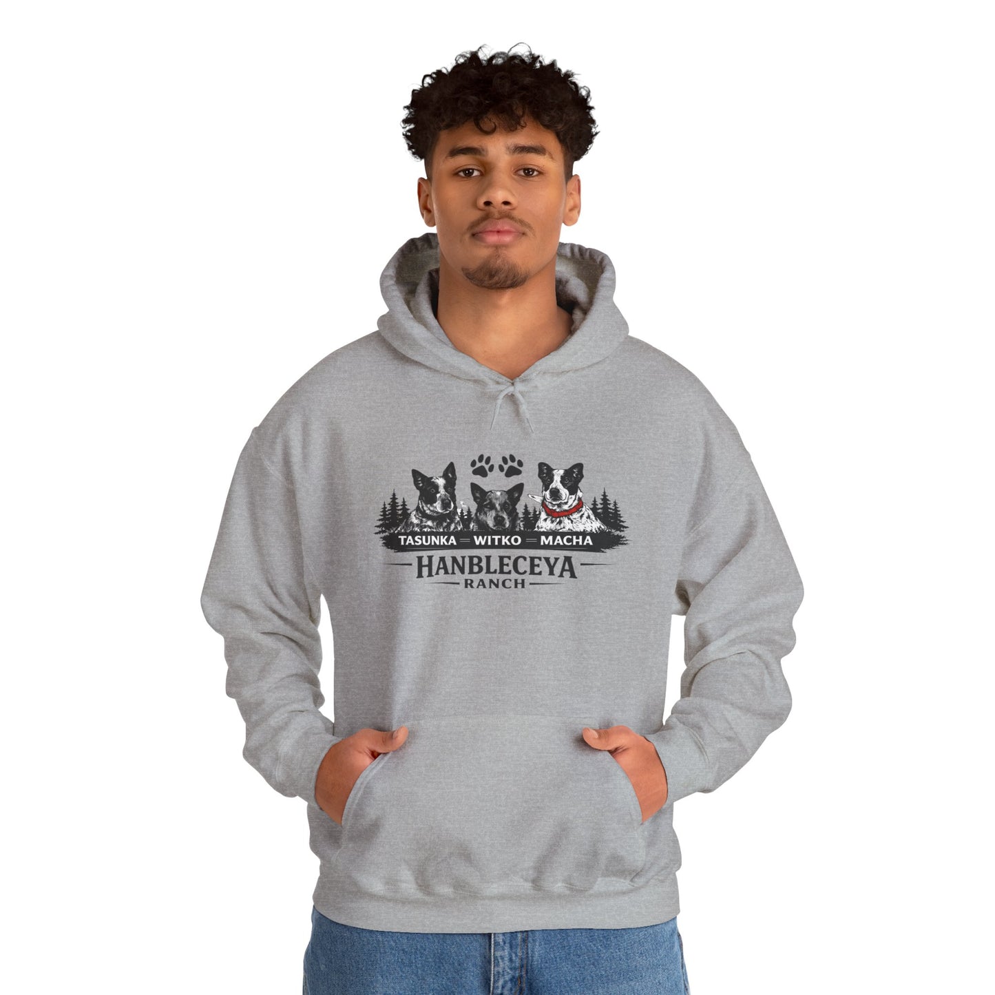 The Ranch Crew Hoodie – Hanbleceya Ranch Design with Paw Prints & Forest Silhouette