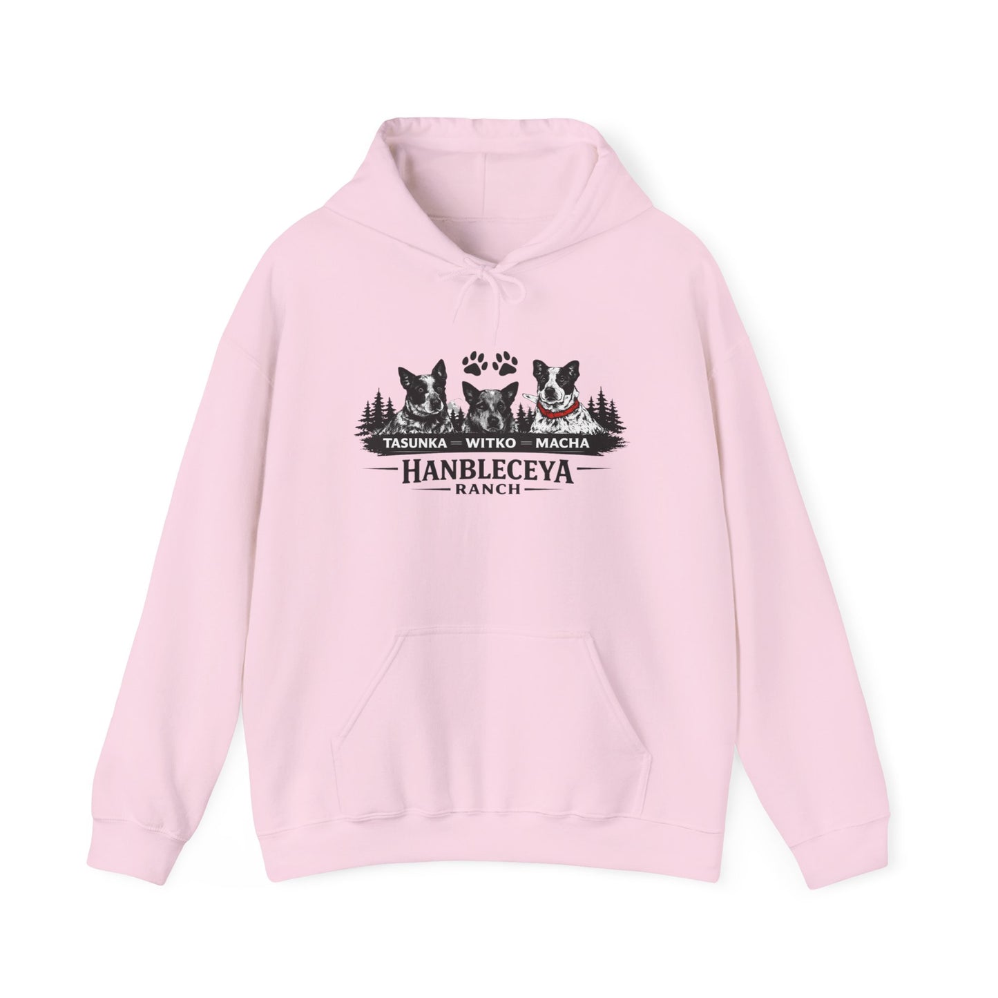 The Ranch Crew Hoodie – Hanbleceya Ranch Design with Paw Prints & Forest Silhouette