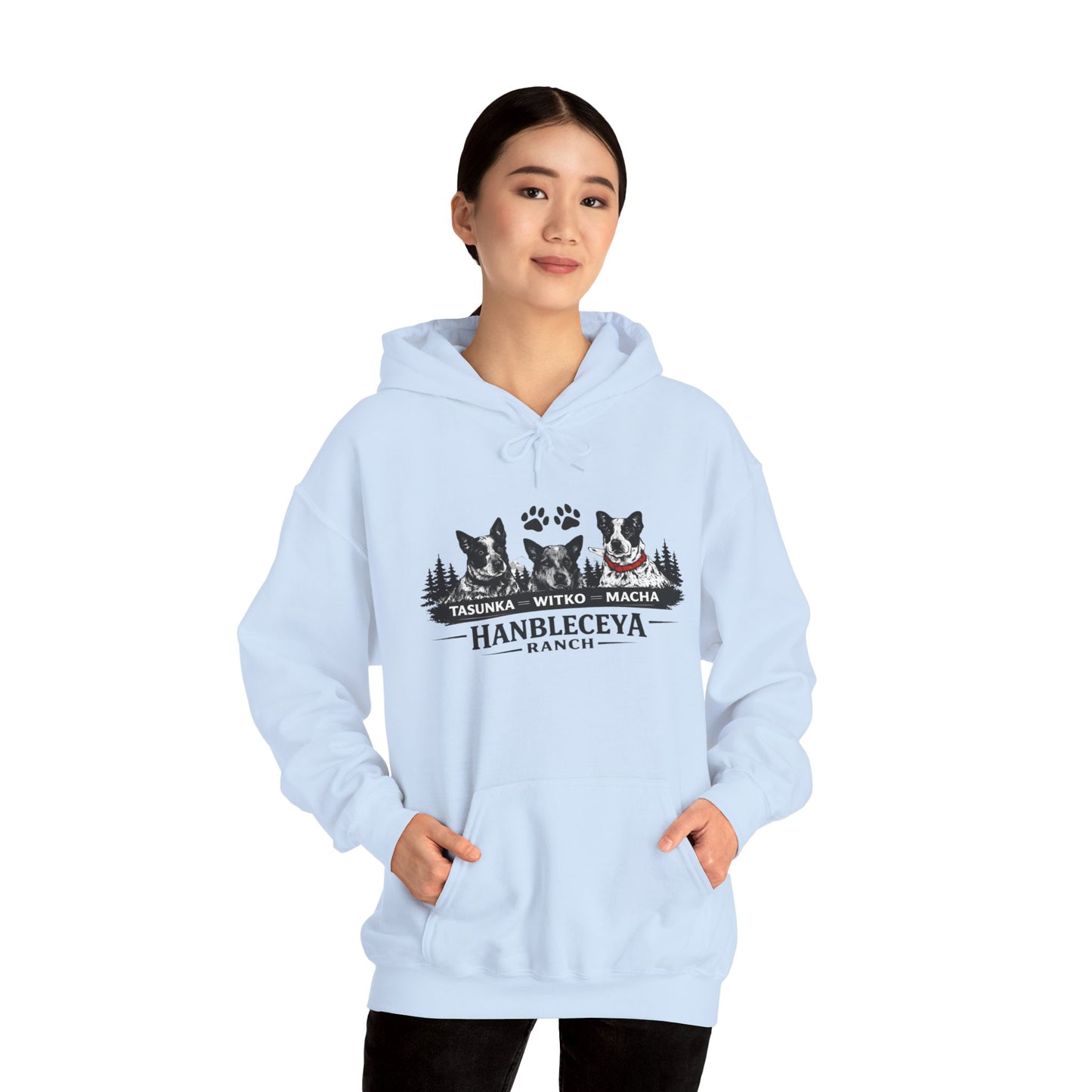 The Ranch Crew Hoodie – Hanbleceya Ranch Design with Paw Prints & Forest Silhouette