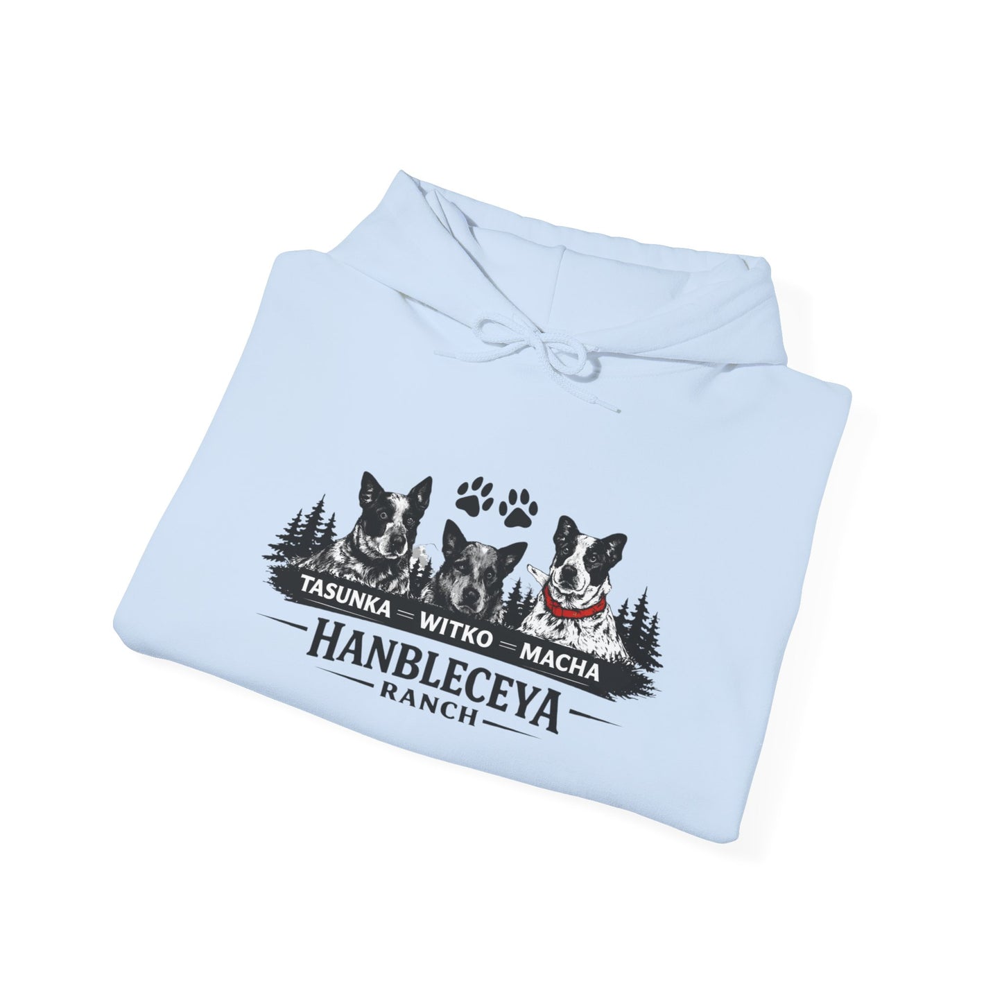 The Ranch Crew Hoodie – Hanbleceya Ranch Design with Paw Prints & Forest Silhouette