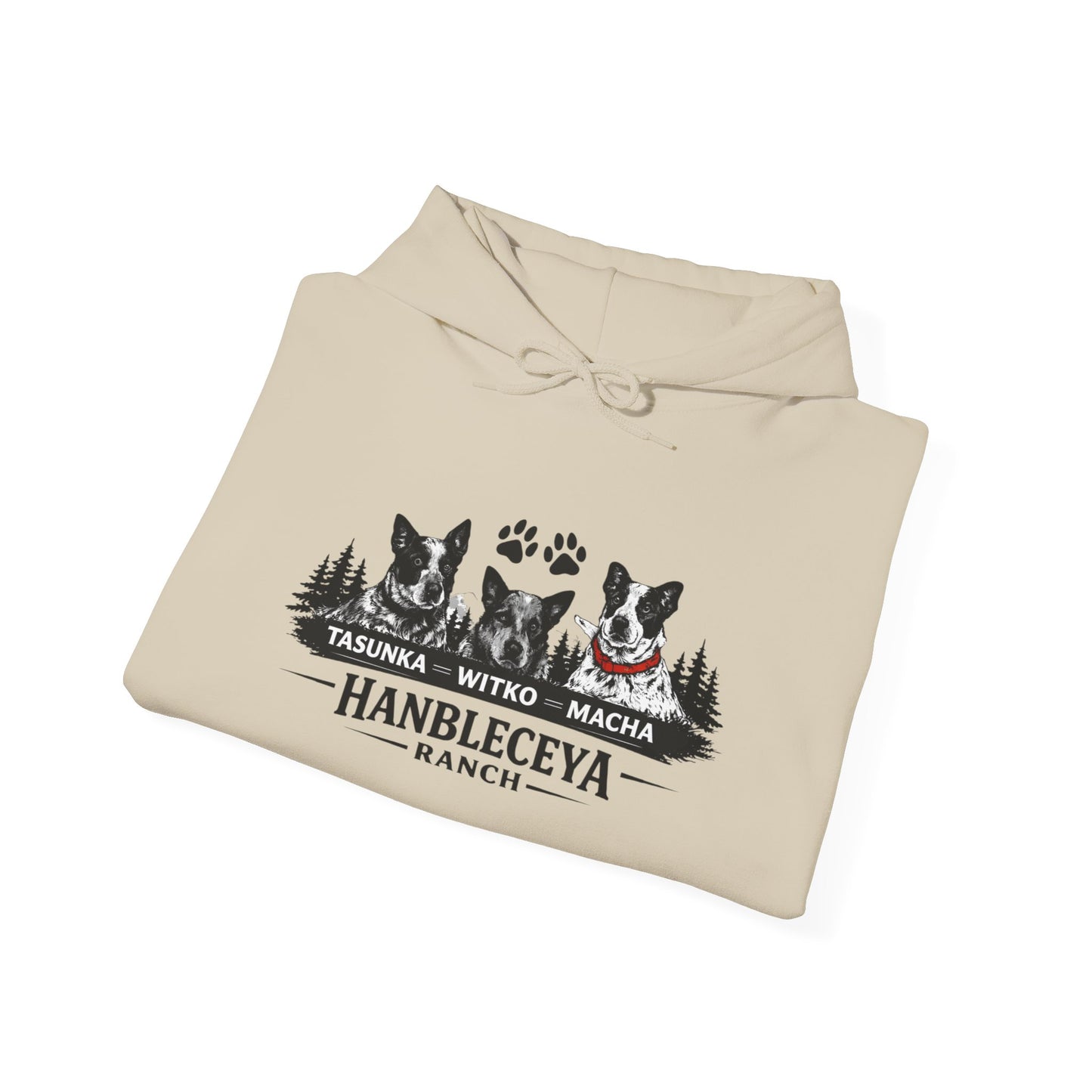 The Ranch Crew Hoodie – Hanbleceya Ranch Design with Paw Prints & Forest Silhouette