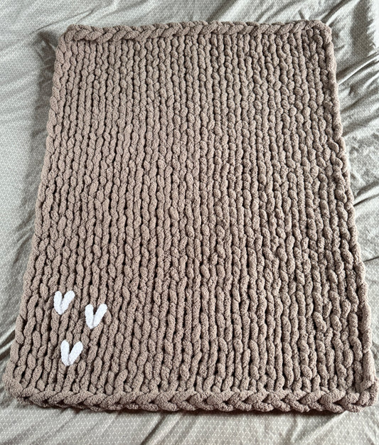 Handmade Truffle & White  33" x 44" Tight-Knit Chunky Baby Blanket