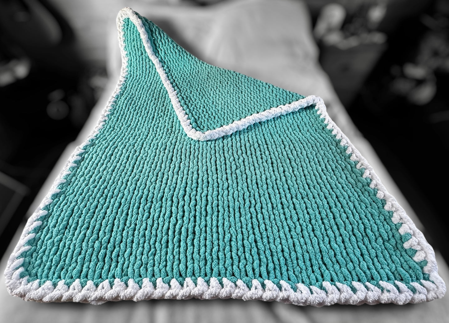 Handmade Aqua 46" x 62" Tight-Knit Chunky Throw Blanket with White Border