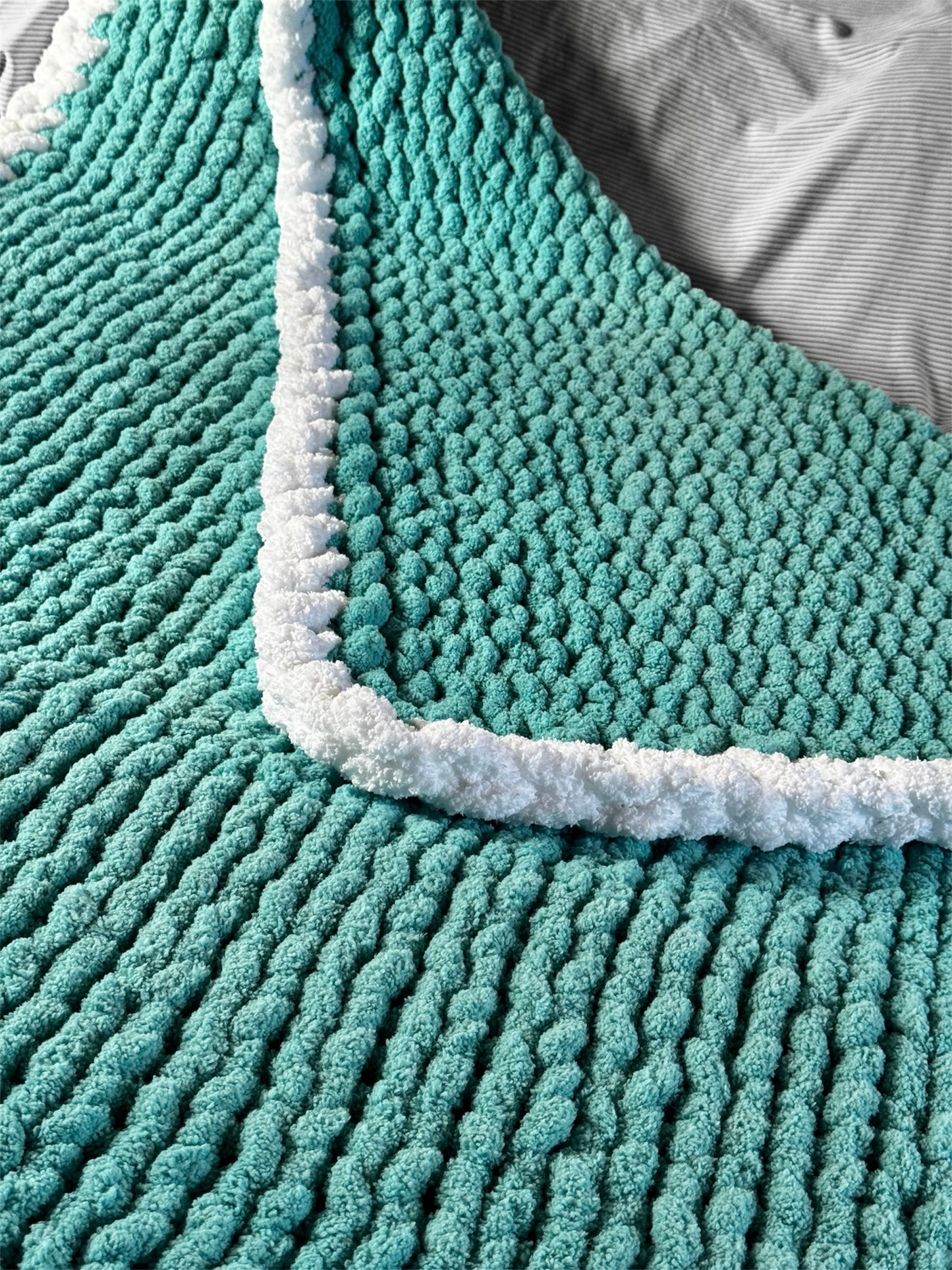 Handmade Aqua 46" x 62" Tight-Knit Chunky Throw Blanket with White Border