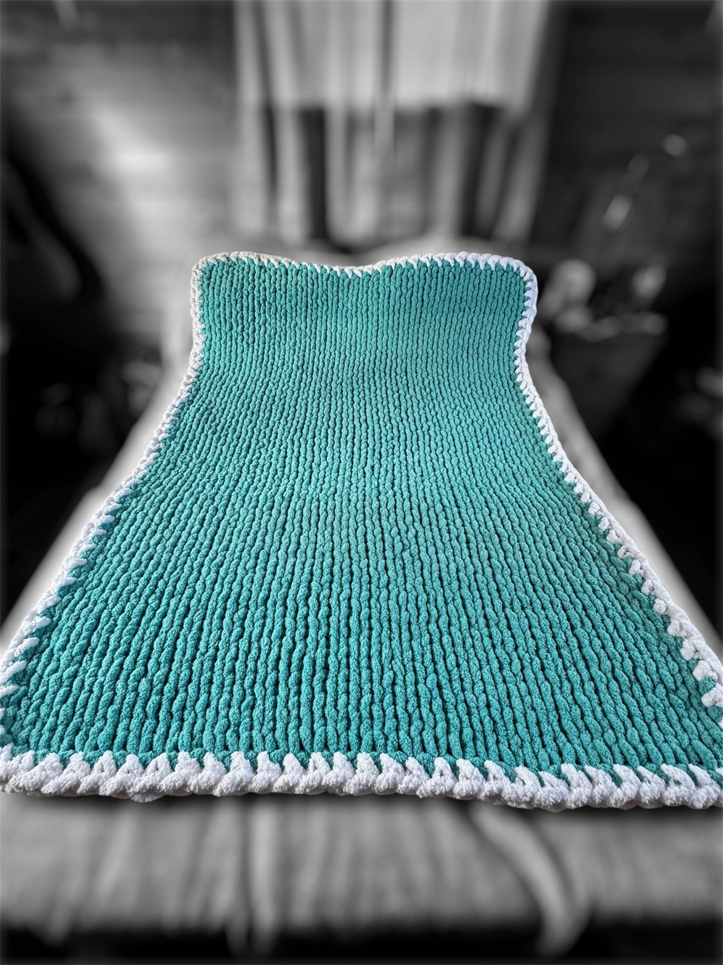 Handmade Aqua 46" x 62" Tight-Knit Chunky Throw Blanket with White Border