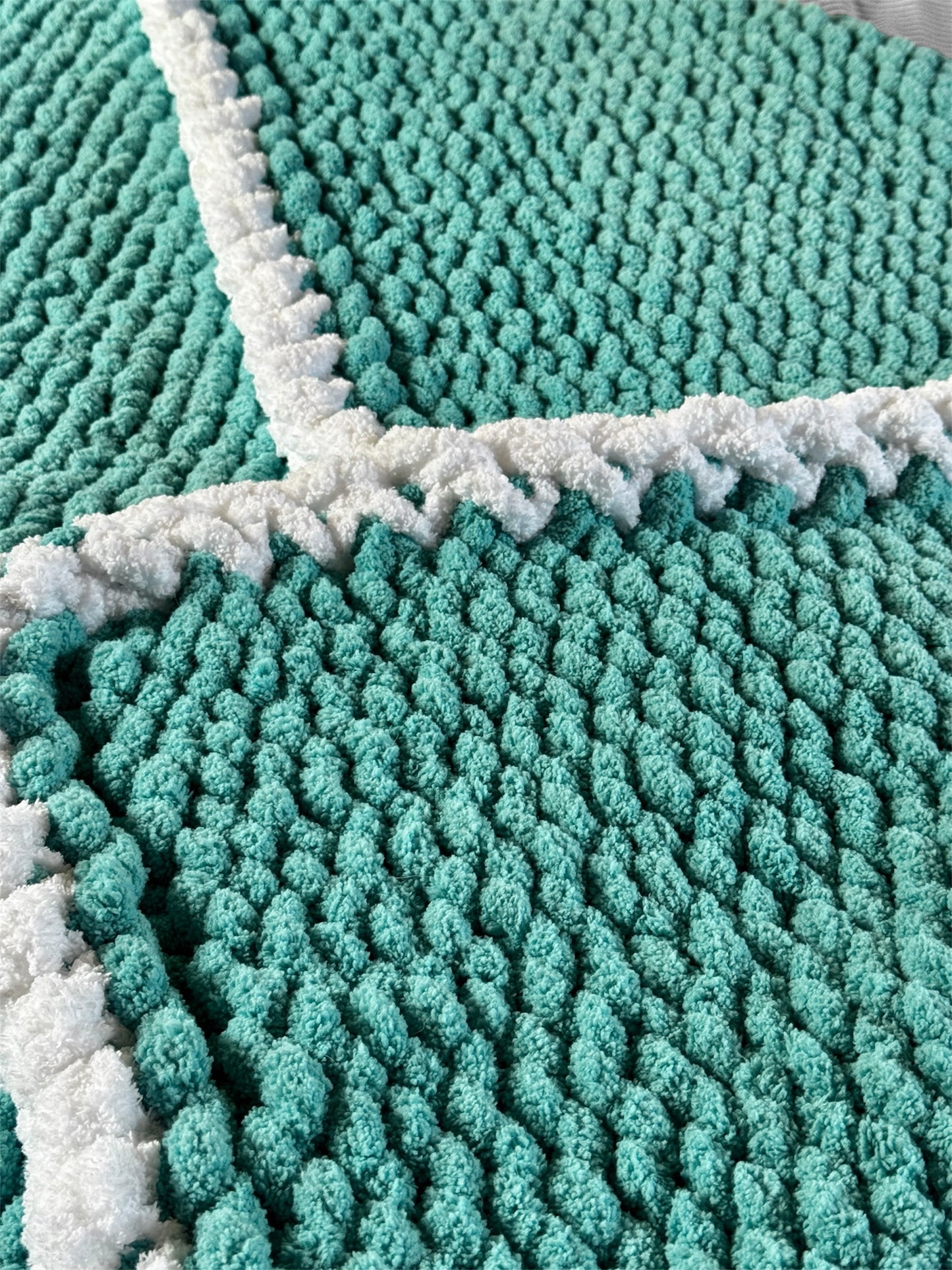 Handmade Aqua 46" x 62" Tight-Knit Chunky Throw Blanket with White Border