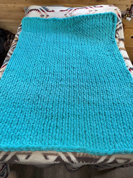 Handmade Aqua 46" x 62" Tight-Knit Chunky Throw Blanket