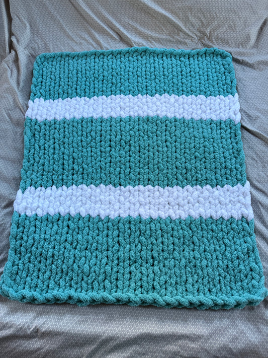 Handmade Teal and White 33" x 42" Tight-Knit Chunky Baby Blanket