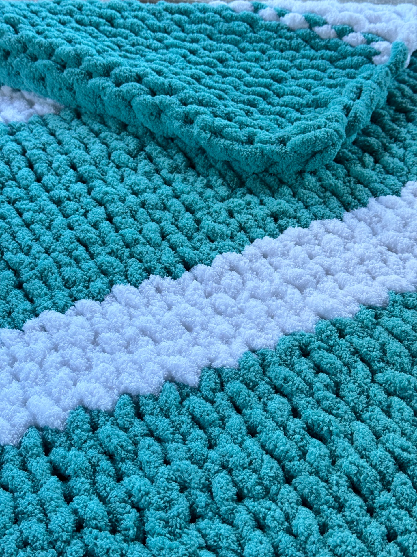 Handmade Teal and White 33" x 42" Tight-Knit Chunky Baby Blanket