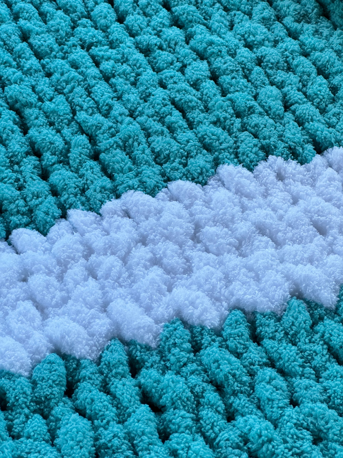 Handmade Teal and White 33" x 42" Tight-Knit Chunky Baby Blanket