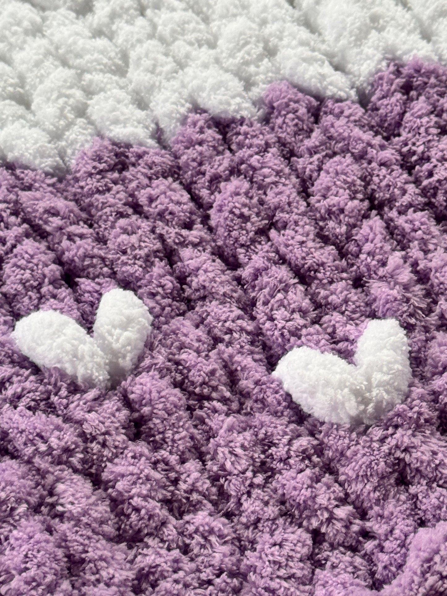 Handmade Purple & White with Hearts  33" x 42" Tight-Knit Chunky Baby Blanket