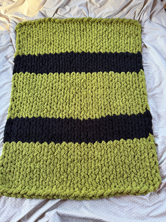 Handmade Black & Olive  33" x 42" Tight-Knit Chunky Baby Blanket