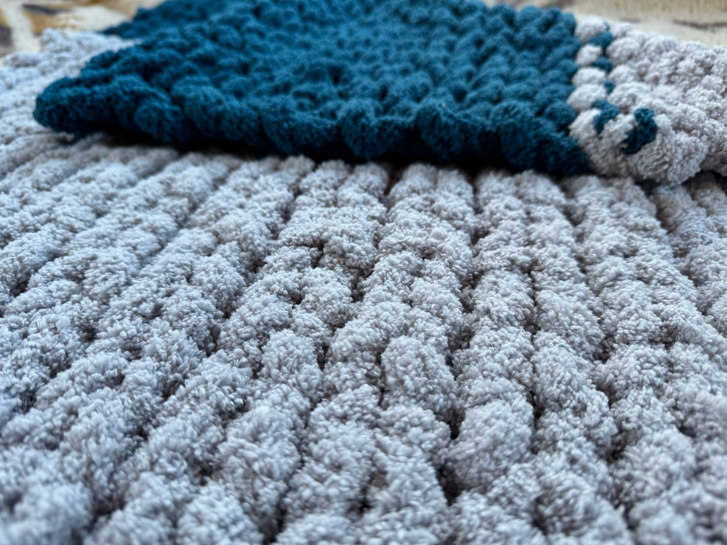 Handmade Grey & Blue  27" x 52" Tight-Knit Chunky Baby Blanket