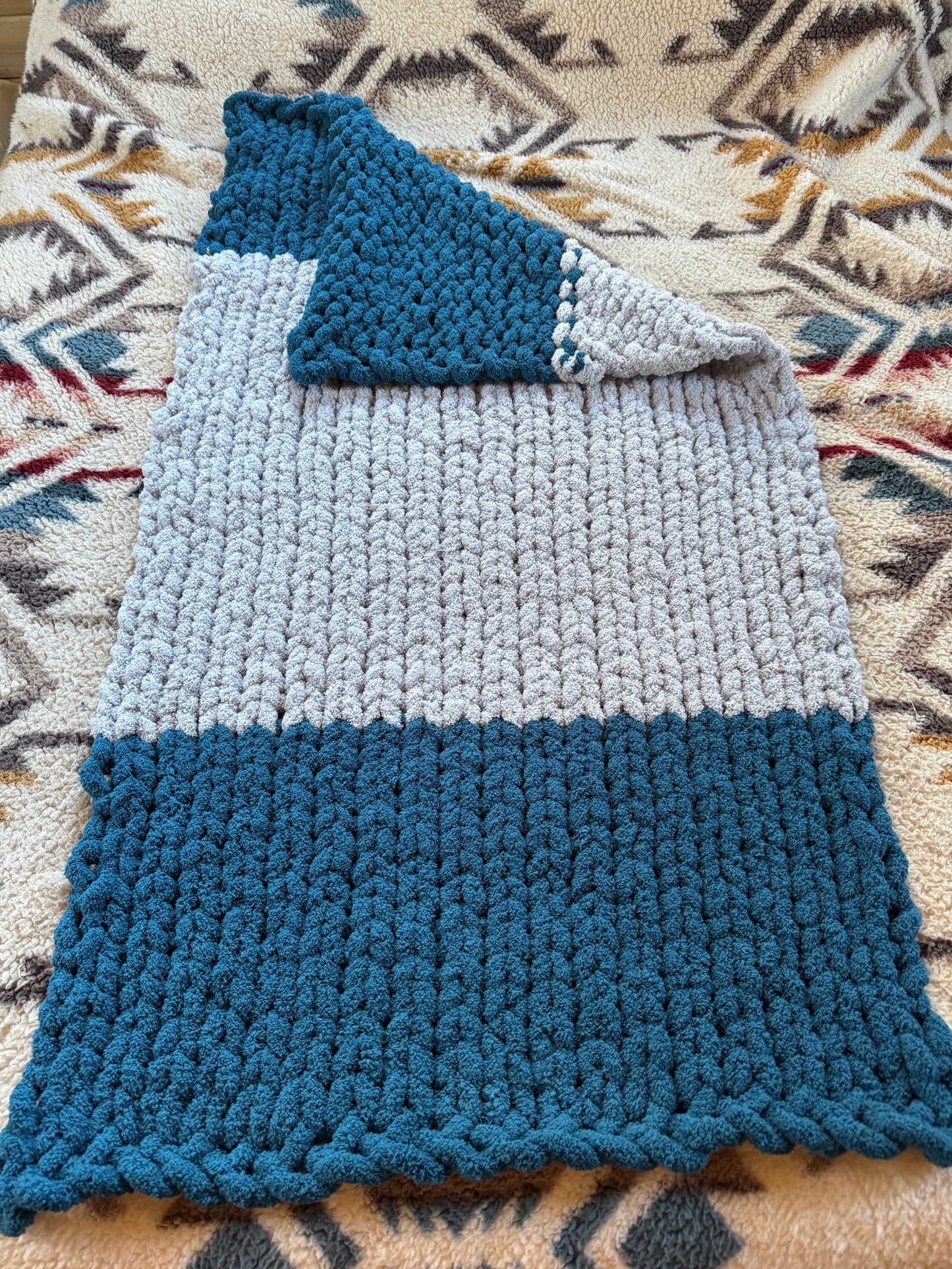 Handmade Grey & Blue  27" x 52" Tight-Knit Chunky Baby Blanket