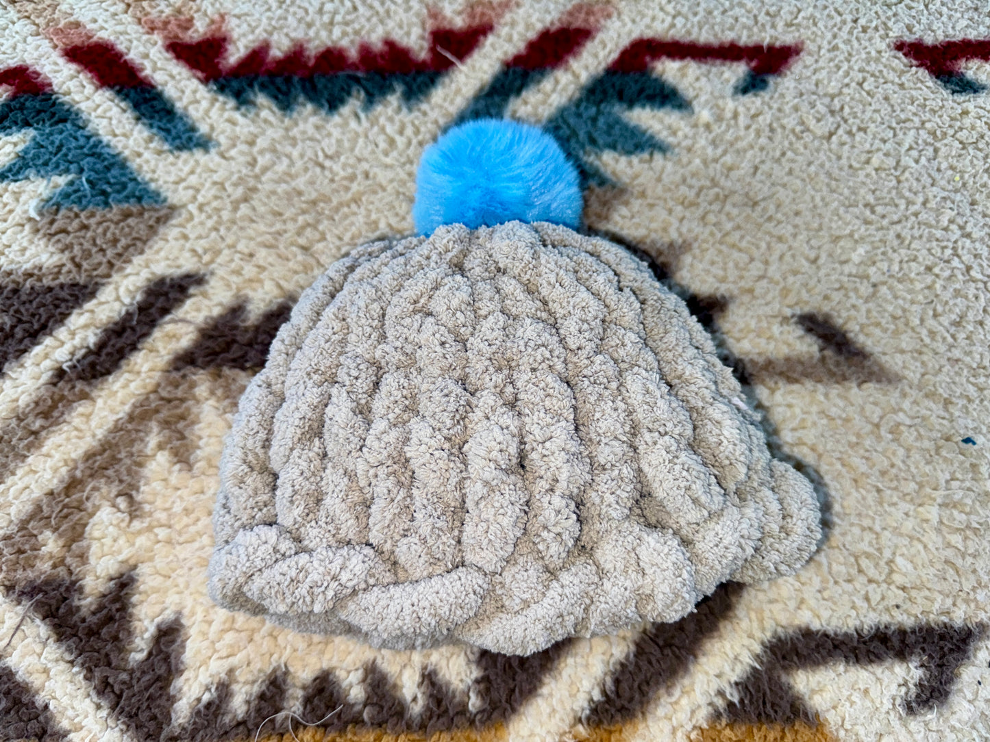 Handmade Grey Tight-Knit Chunky Baby Beanie Hat with Pom Pom