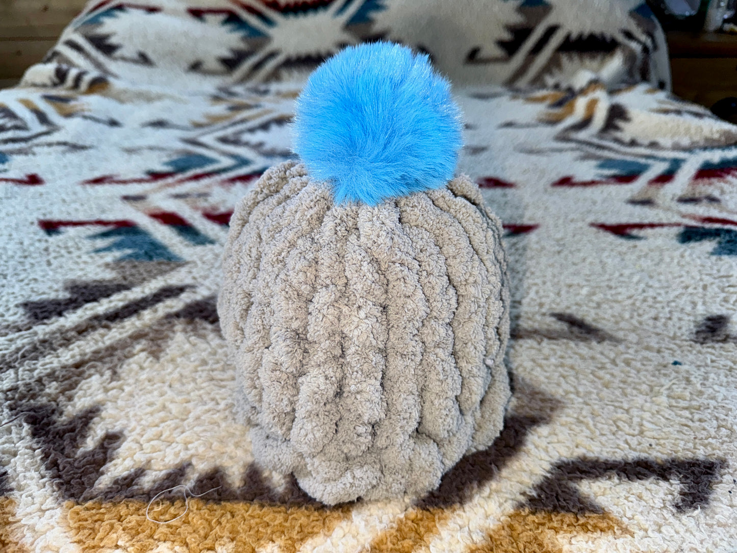 Handmade Grey Tight-Knit Chunky Baby Beanie Hat with Pom Pom