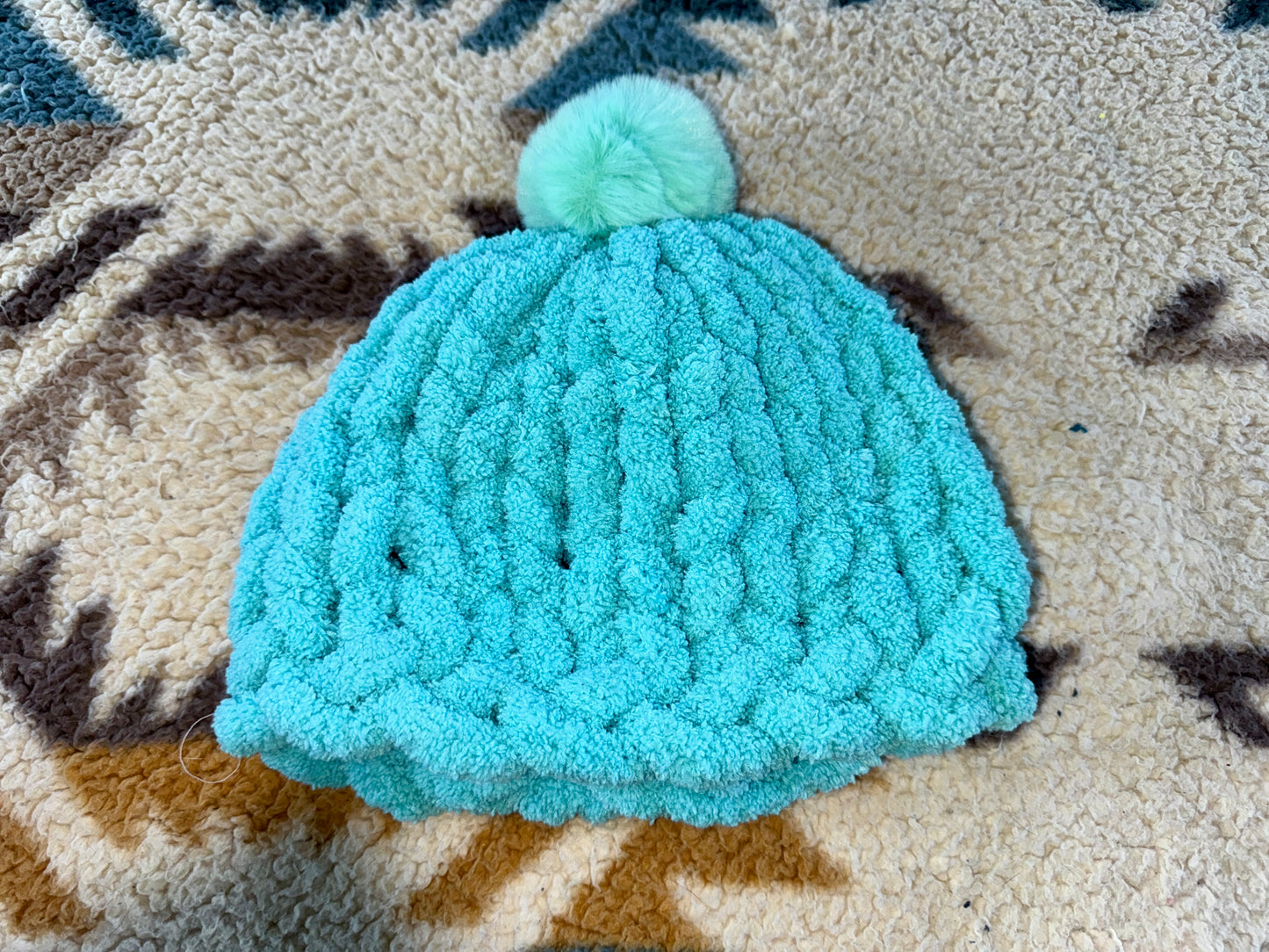 Handmade Teal Tight-Knit Chunky Toddler Beanie Hat with Pom Pom