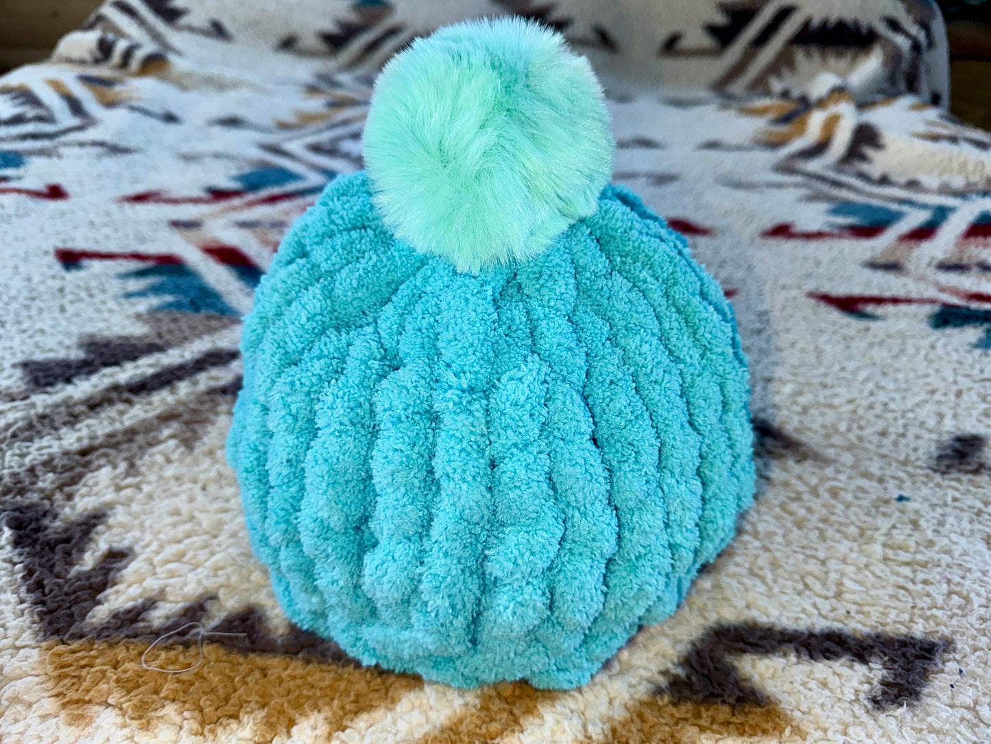 Handmade Teal Tight-Knit Chunky Toddler Beanie Hat with Pom Pom