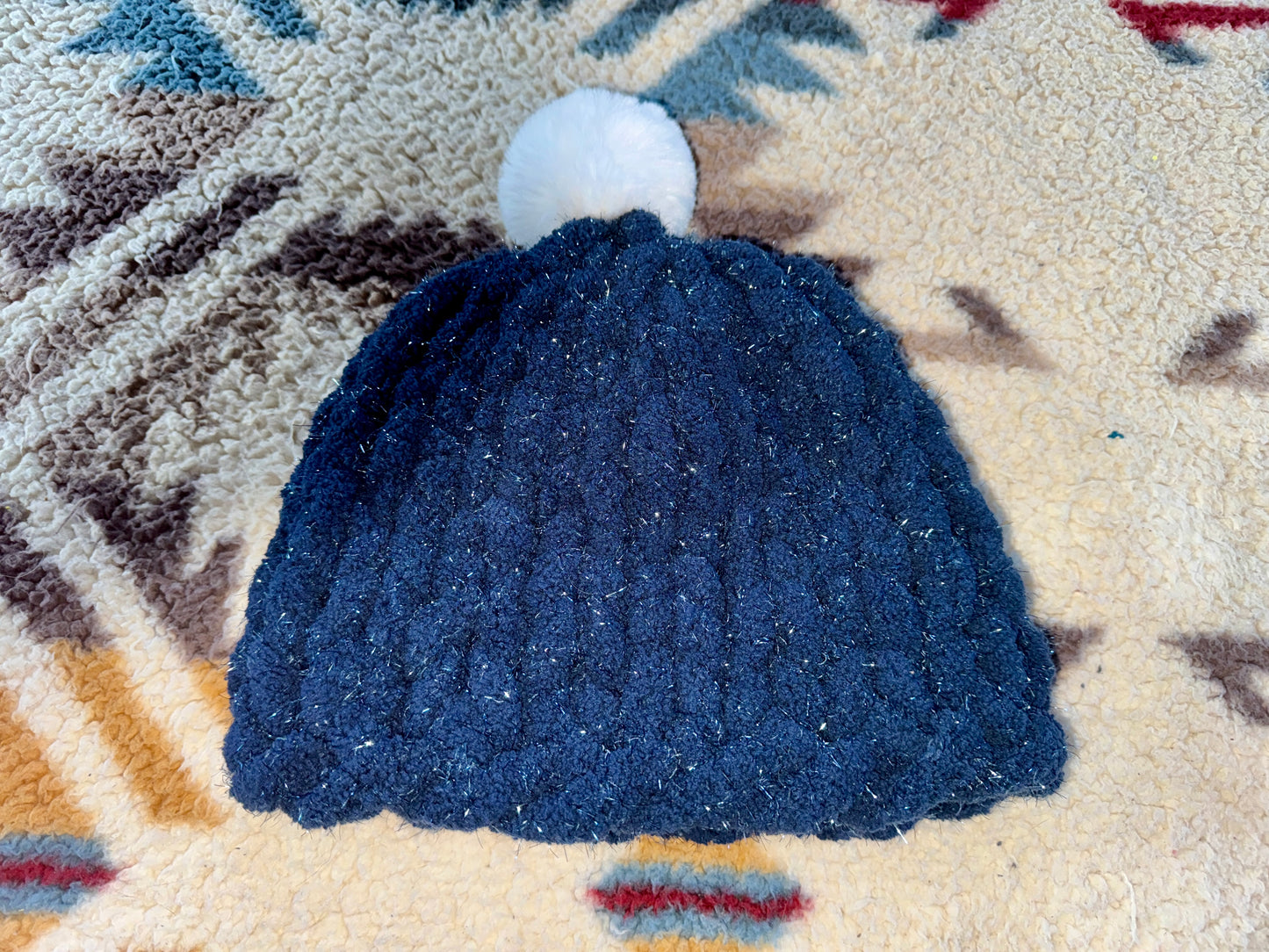 Handmade Sparkly Dark Blue Tight-Knit Chunky Adult Beanie Hat with Pom Pom