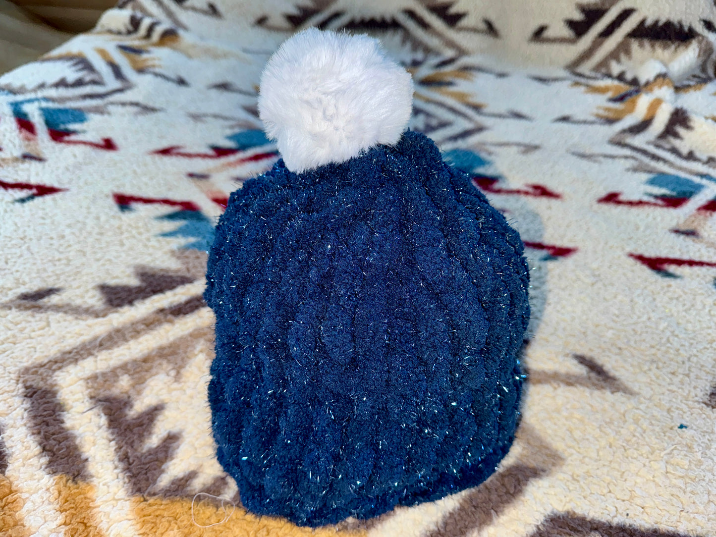 Handmade Sparkly Dark Blue Tight-Knit Chunky Adult Beanie Hat with Pom Pom