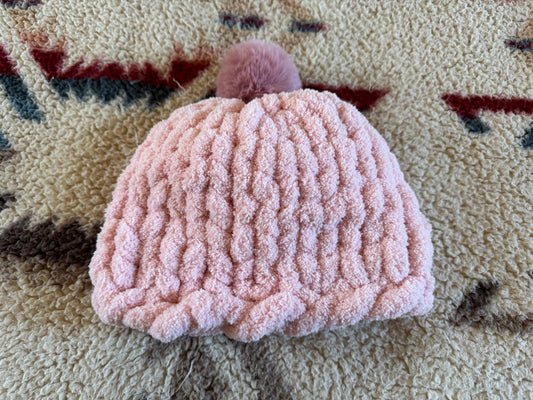 Handmade Pink Tight-Knit Chunky Adult Beanie Hat with Pom Pom