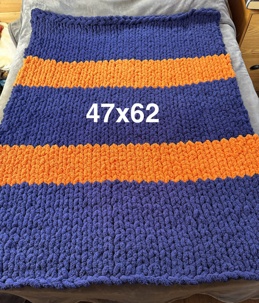 Handmade Blue & Orange 47" x 62" Tight-Knit Chunky Throw Blanket
