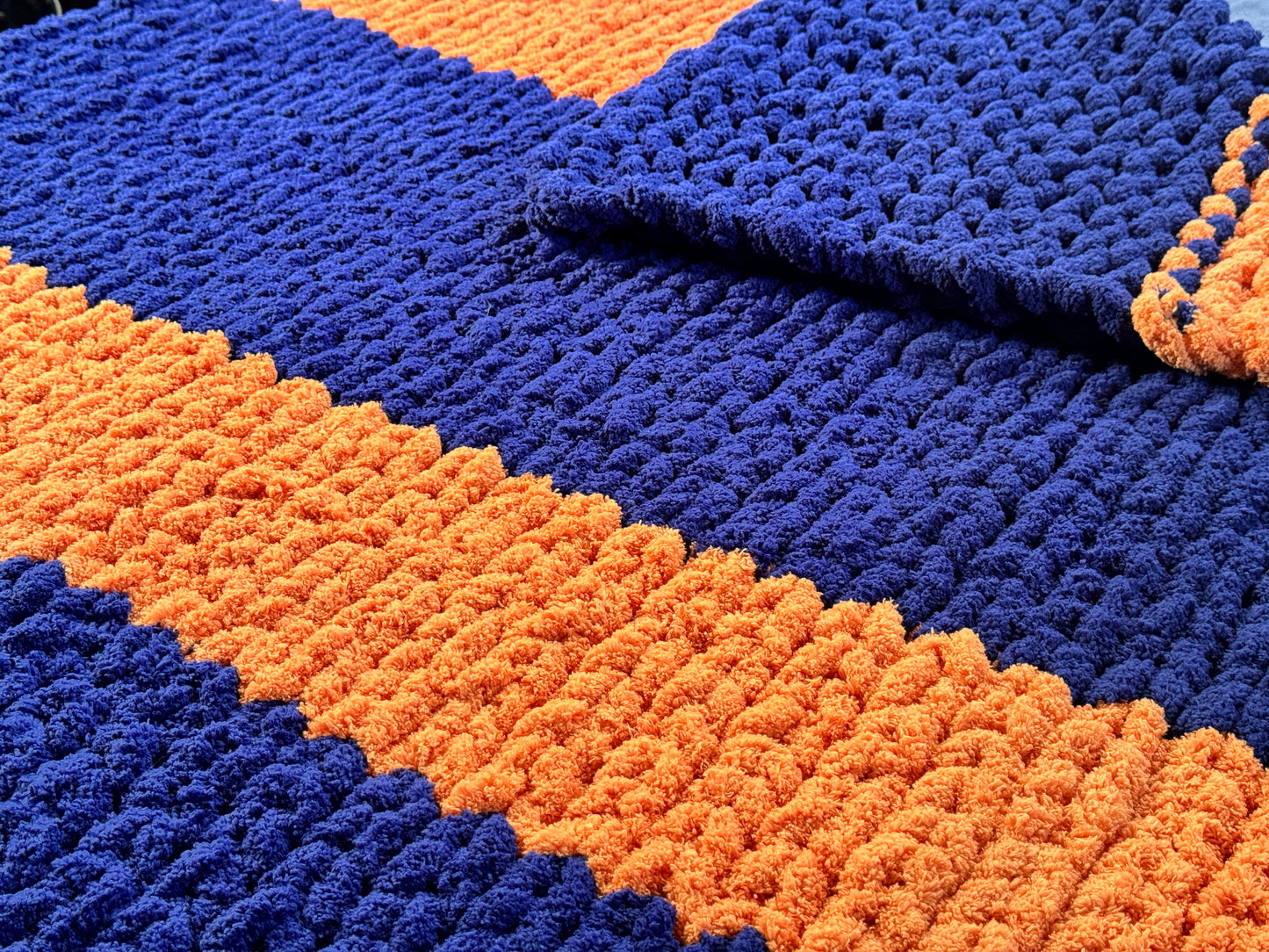 Handmade Blue & Orange 47" x 62" Tight-Knit Chunky Throw Blanket