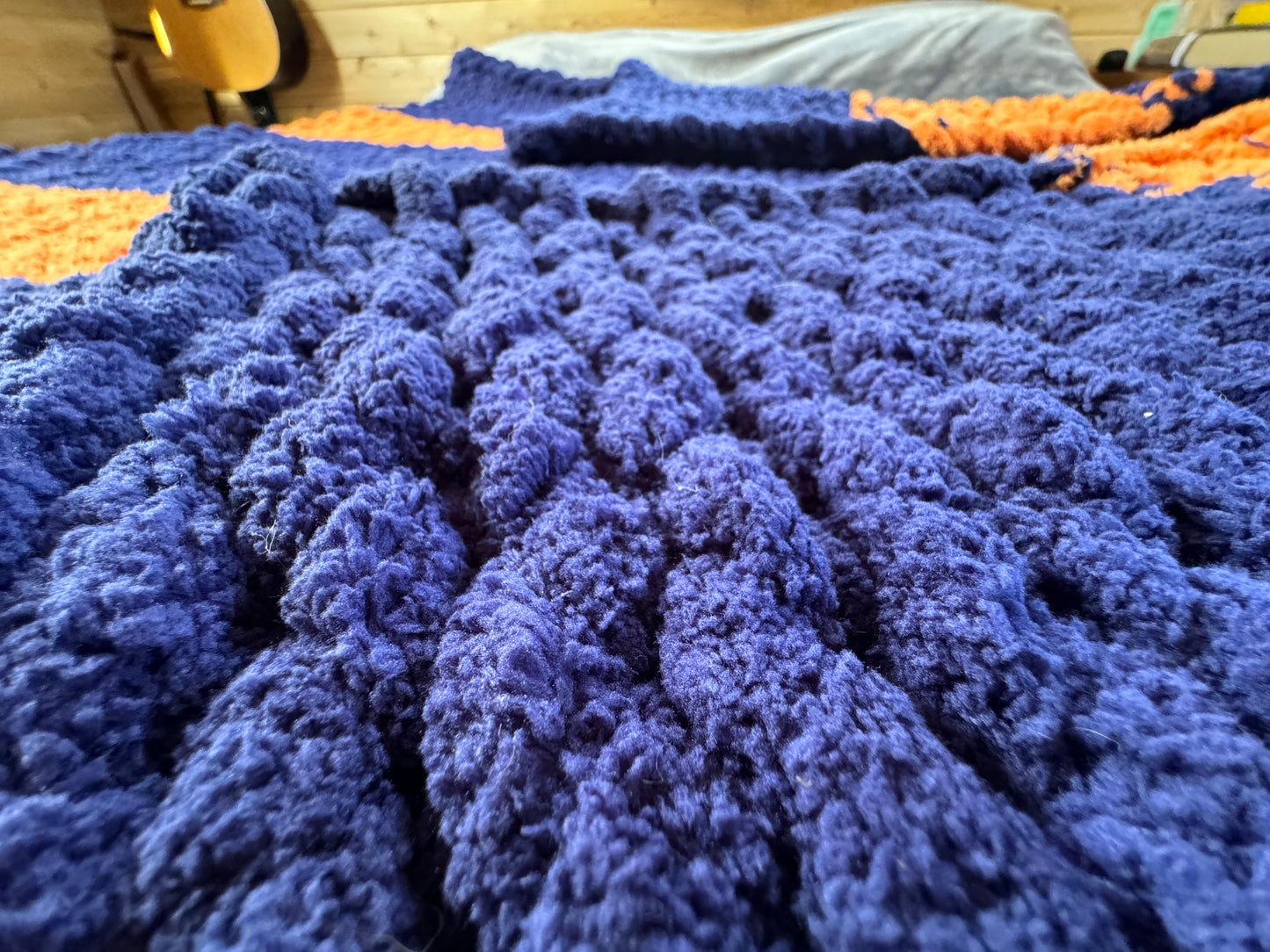 Handmade Blue & Orange 47" x 62" Tight-Knit Chunky Throw Blanket