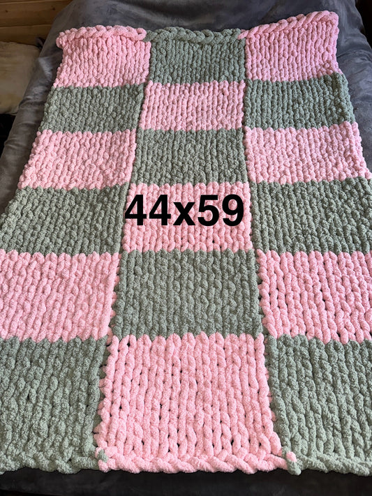 Handmade Pink & Sage 44" x 59" Tight-Knit Chunky Checker Board Throw Blanket