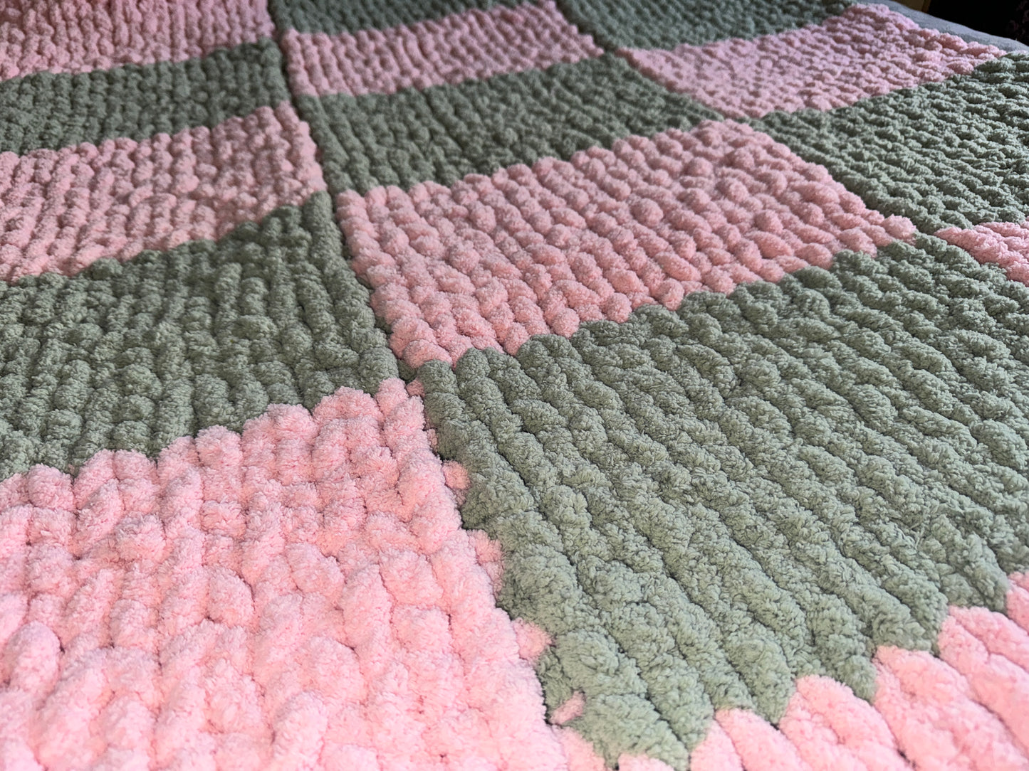 Handmade Pink & Sage 44" x 59" Tight-Knit Chunky Checker Board Throw Blanket