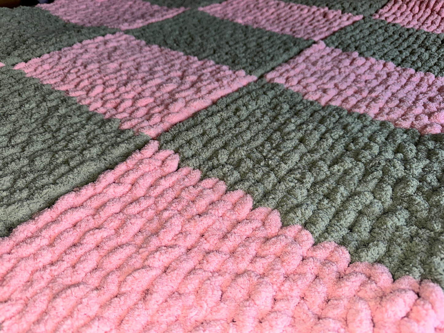 Handmade Pink & Sage 44" x 59" Tight-Knit Chunky Checker Board Throw Blanket