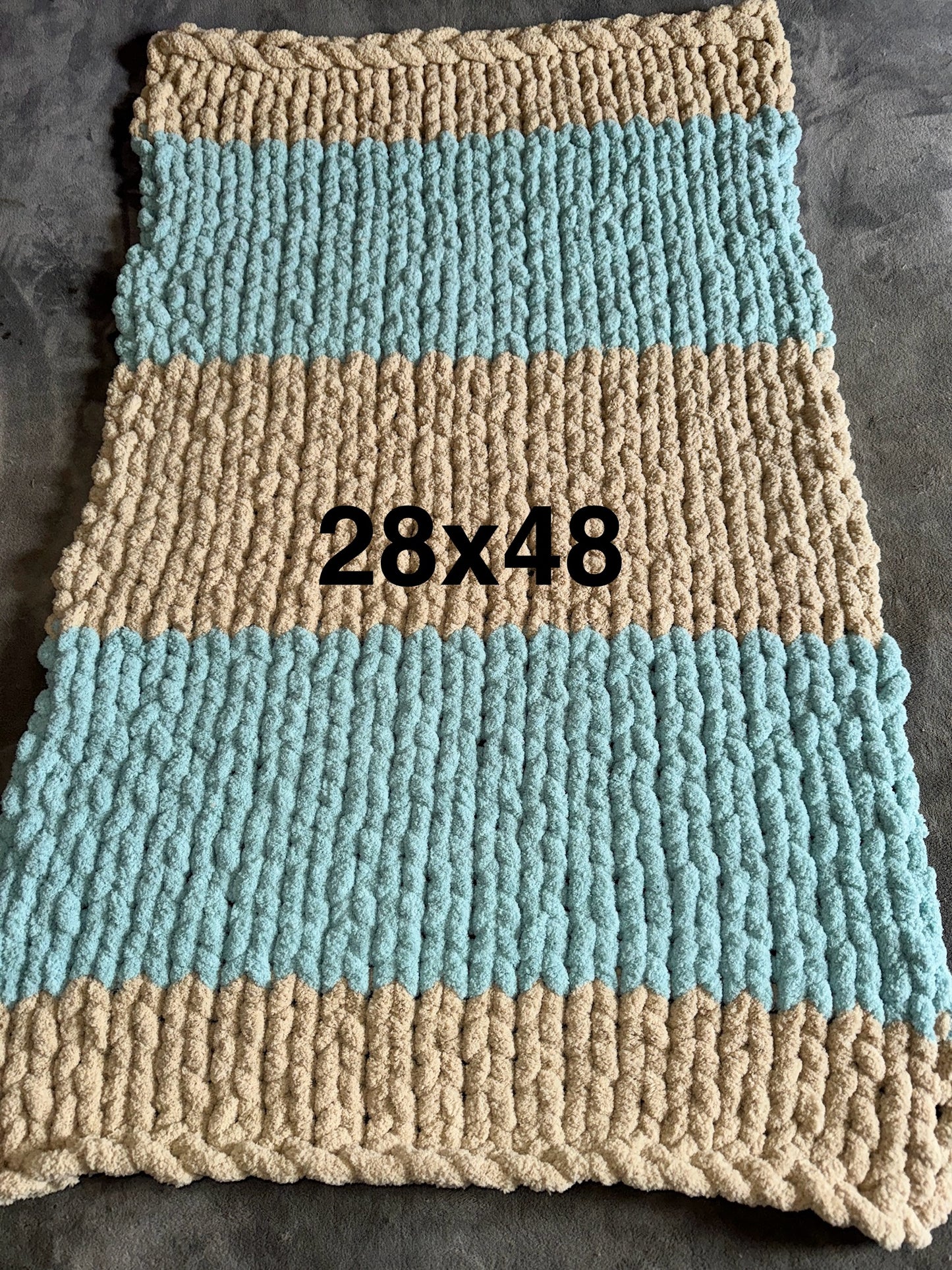 Handmade Blue & Taupe  28" x 48" Tight-Knit Chunky Baby Blanket