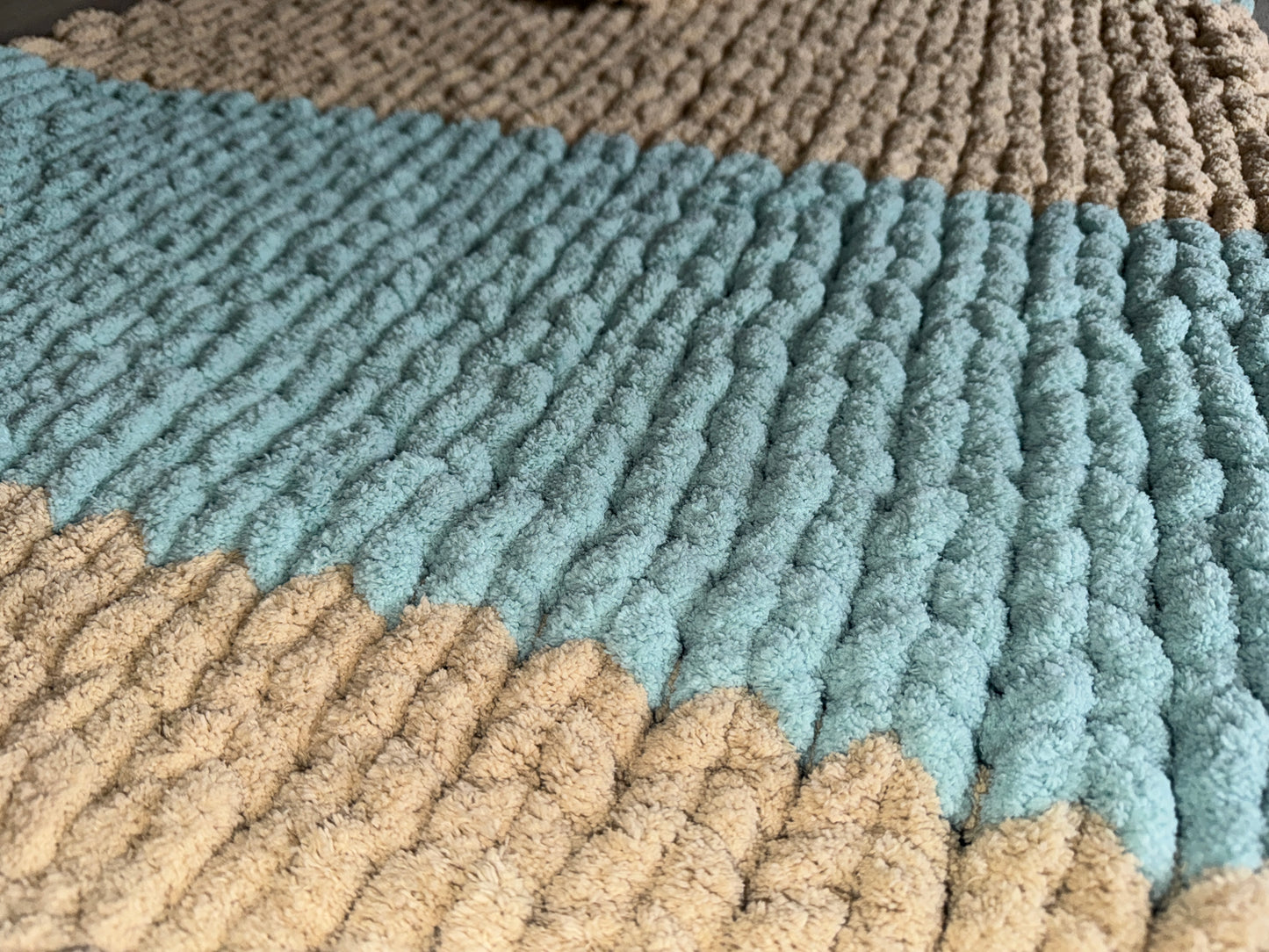 Handmade Blue & Taupe  28" x 48" Tight-Knit Chunky Baby Blanket