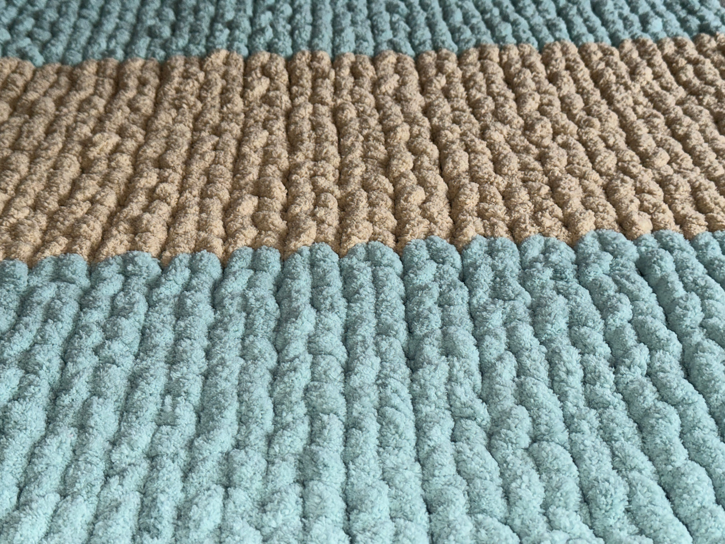 Handmade Blue & Taupe  28" x 48" Tight-Knit Chunky Baby Blanket