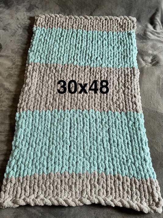 Handmade Sea-Blue & Grey  30" x 48" Tight-Knit Chunky Baby Blanket